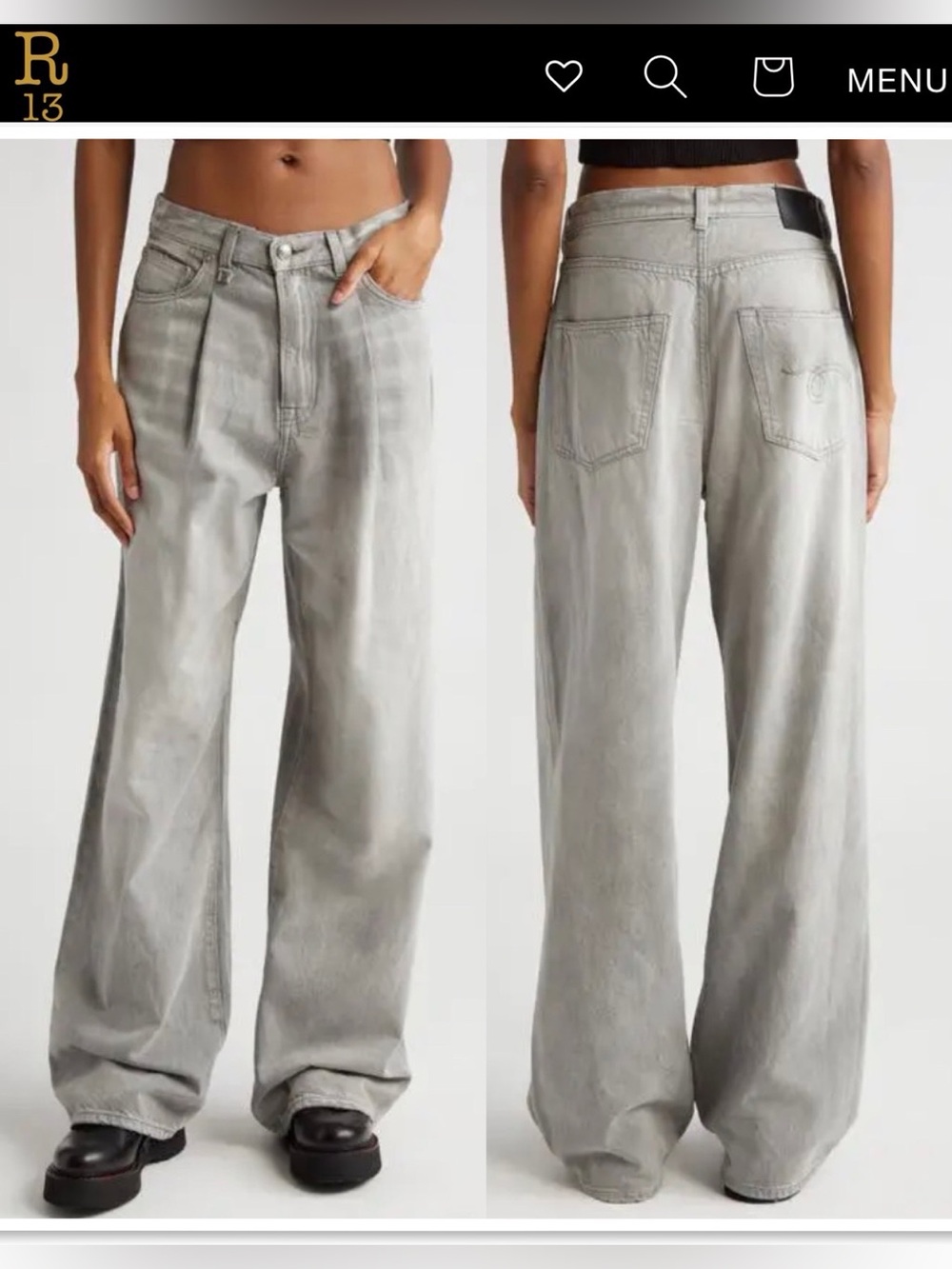 R13 Wade Grey Pleated Wide Leg Jeans 26 High Rise Linen Blend Relaxed Fit